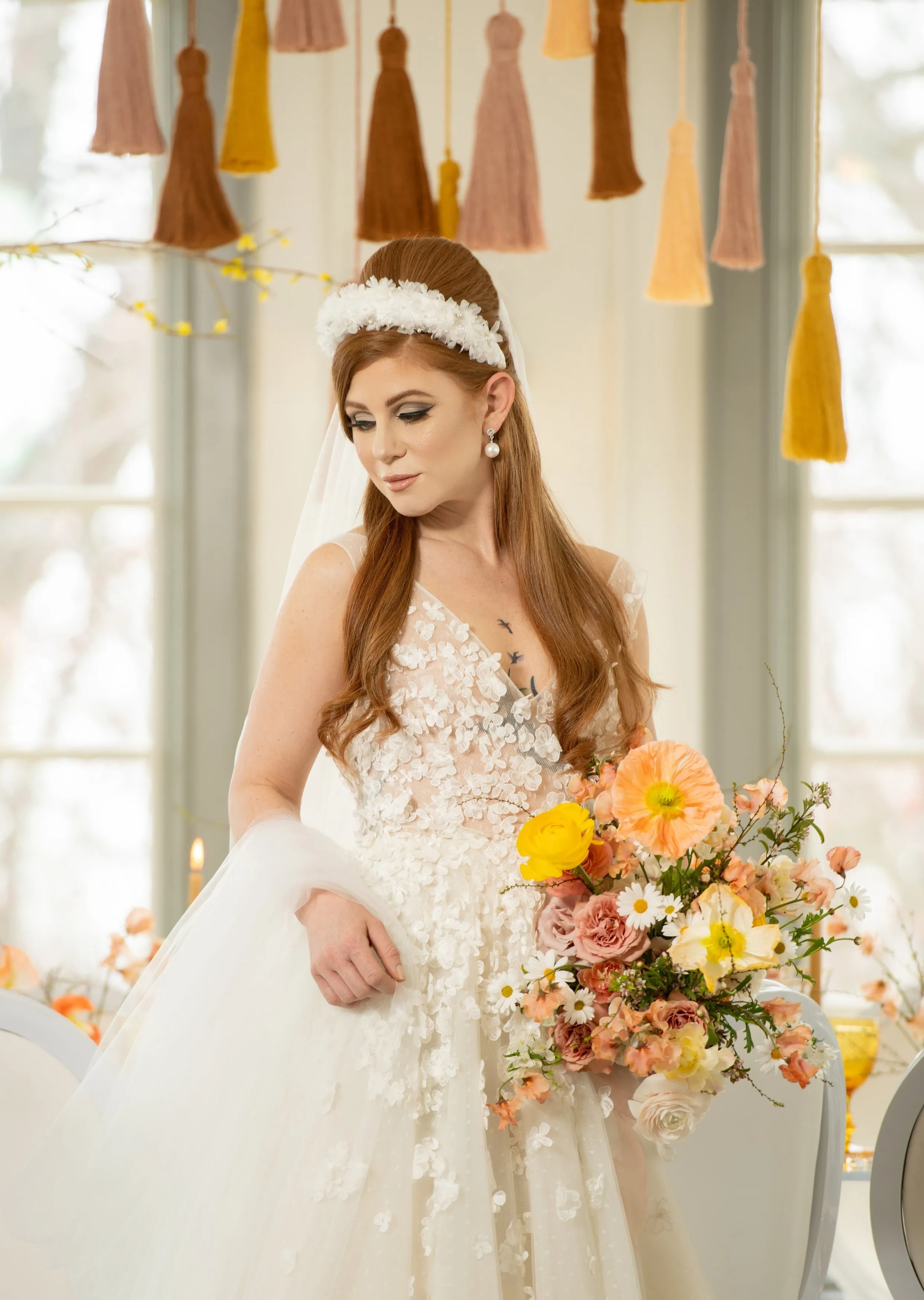 JASMINE Padded Lace Headband with Silk Flowers