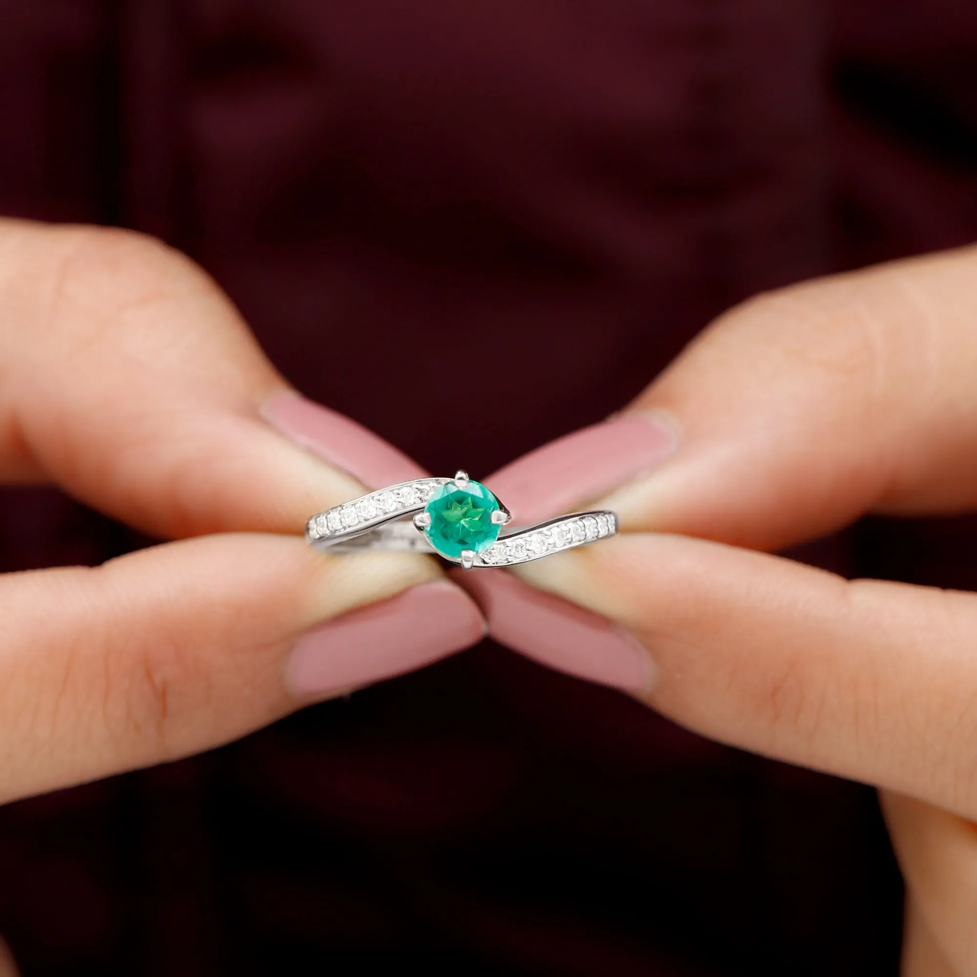 Lab Grown Emerald Solitaire Bypass Ring with Diamond
