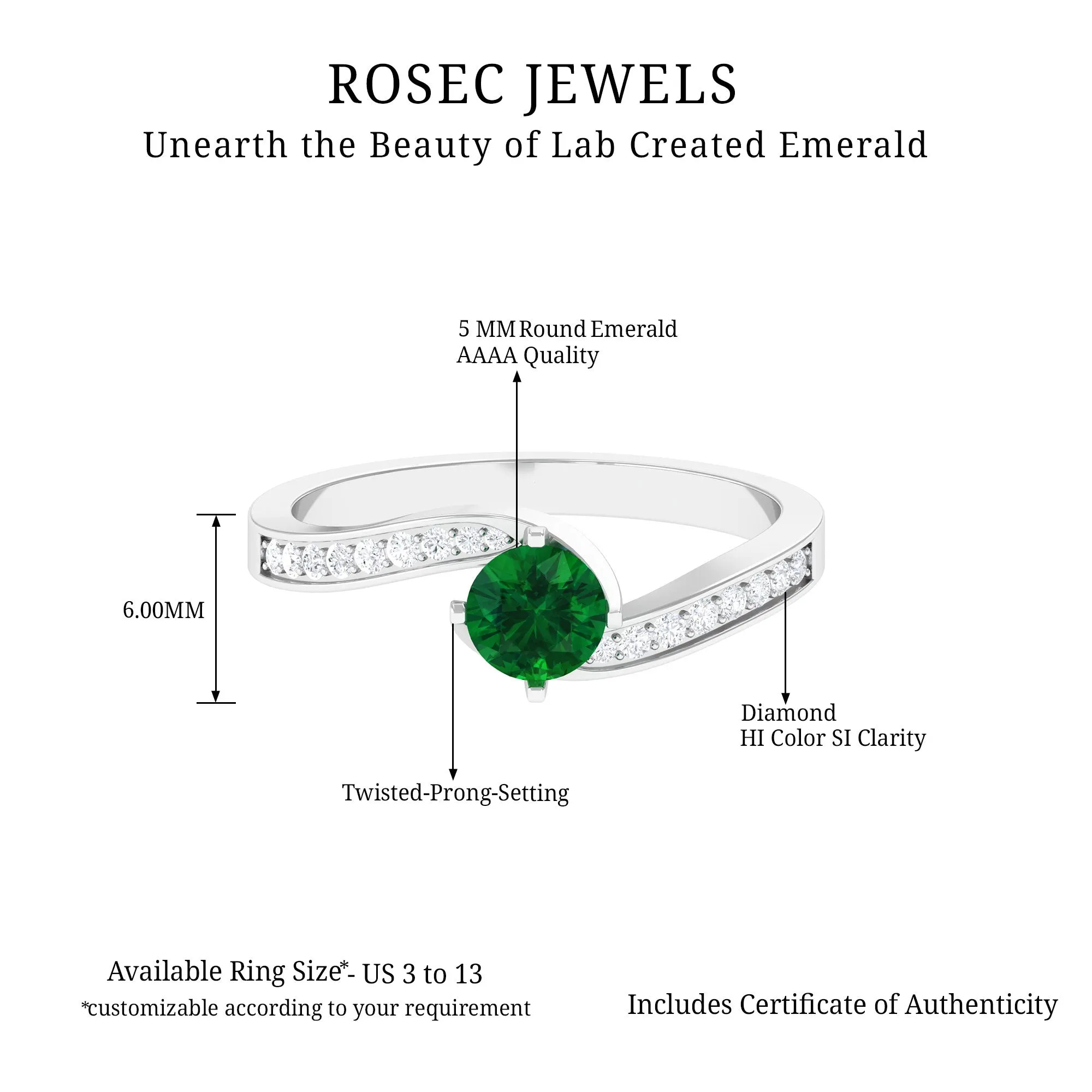 Lab Grown Emerald Solitaire Bypass Ring with Diamond