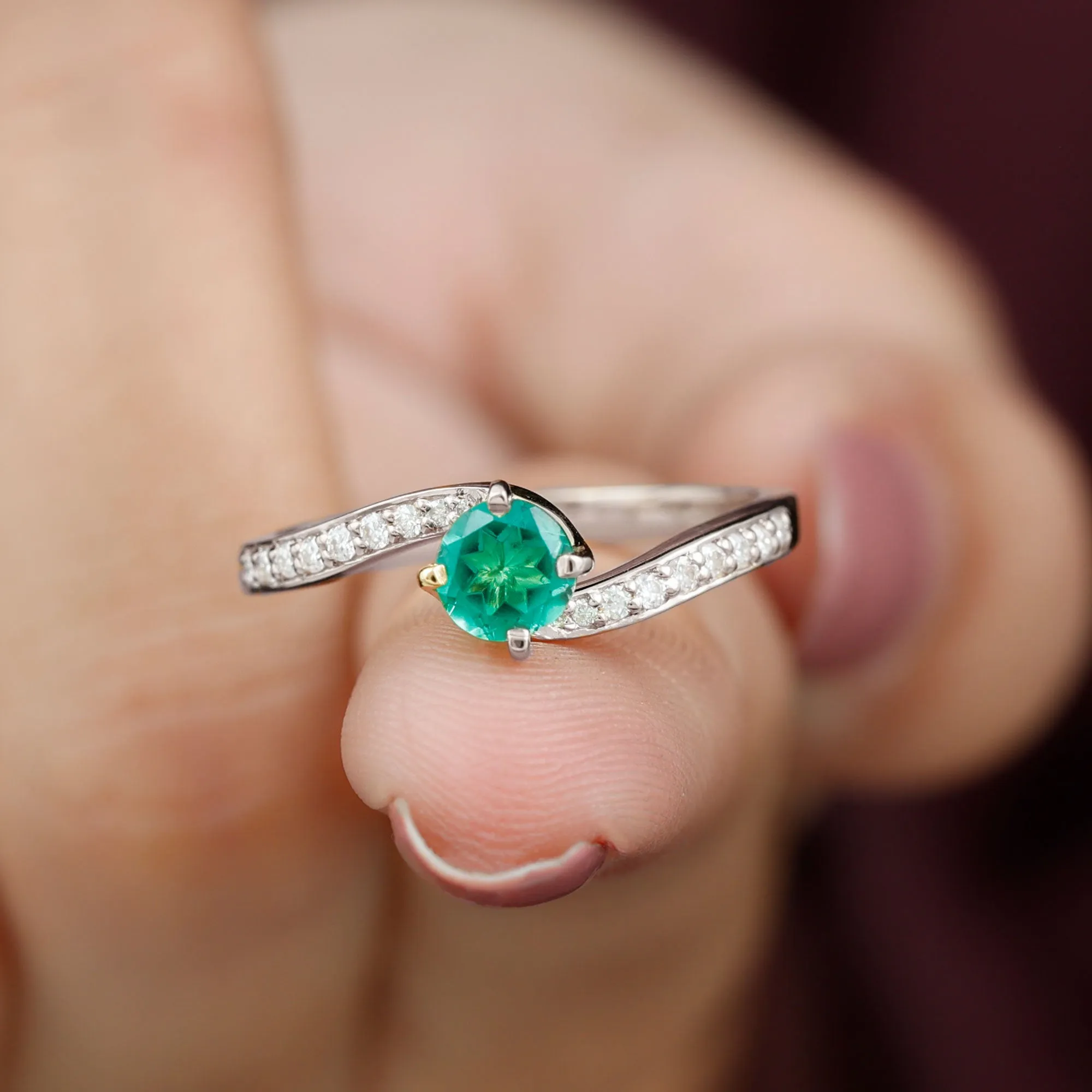 Lab Grown Emerald Solitaire Bypass Ring with Diamond