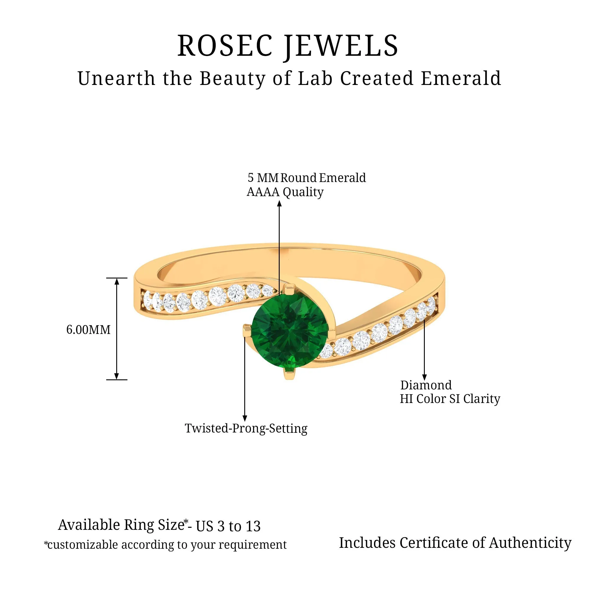 Lab Grown Emerald Solitaire Bypass Ring with Diamond