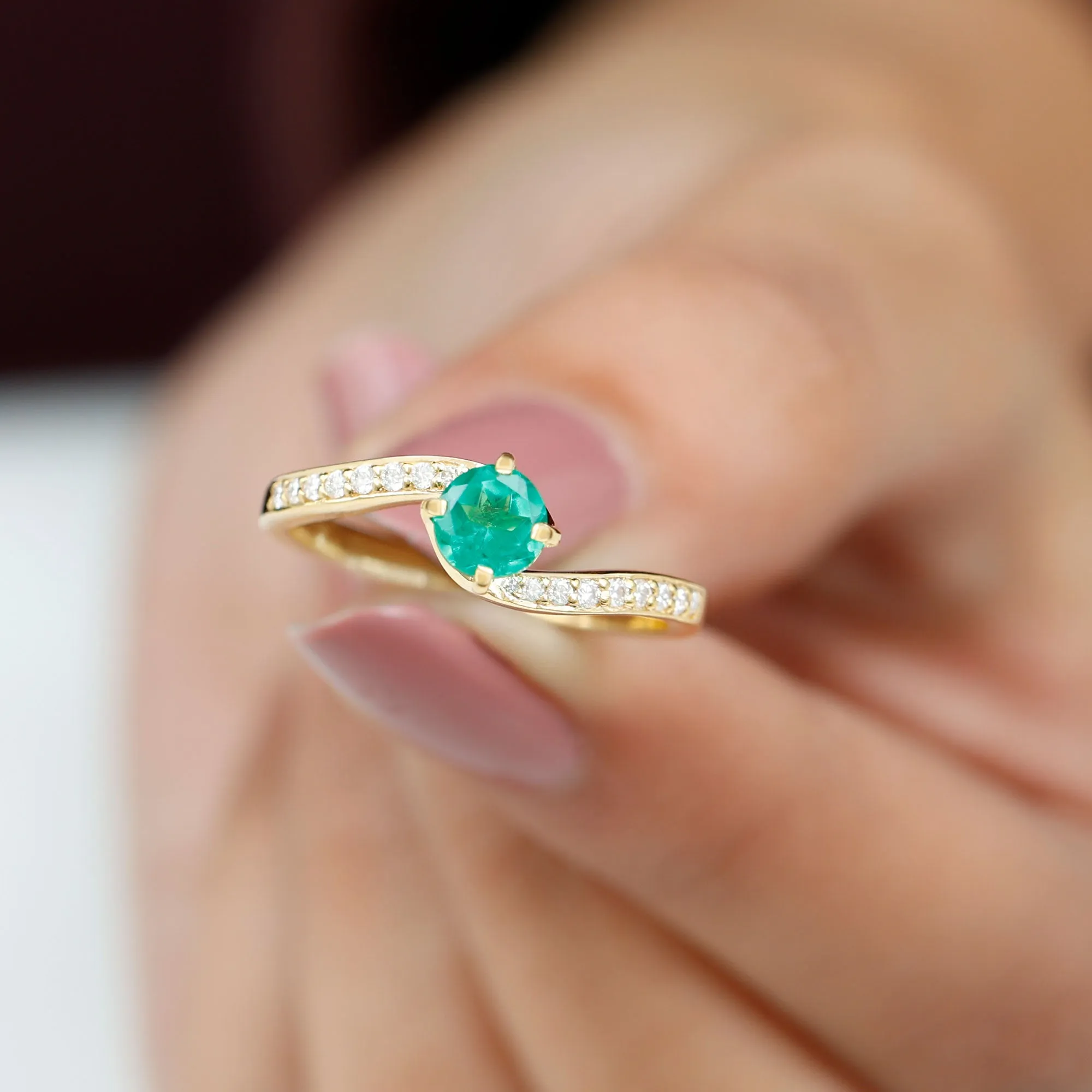 Lab Grown Emerald Solitaire Bypass Ring with Diamond