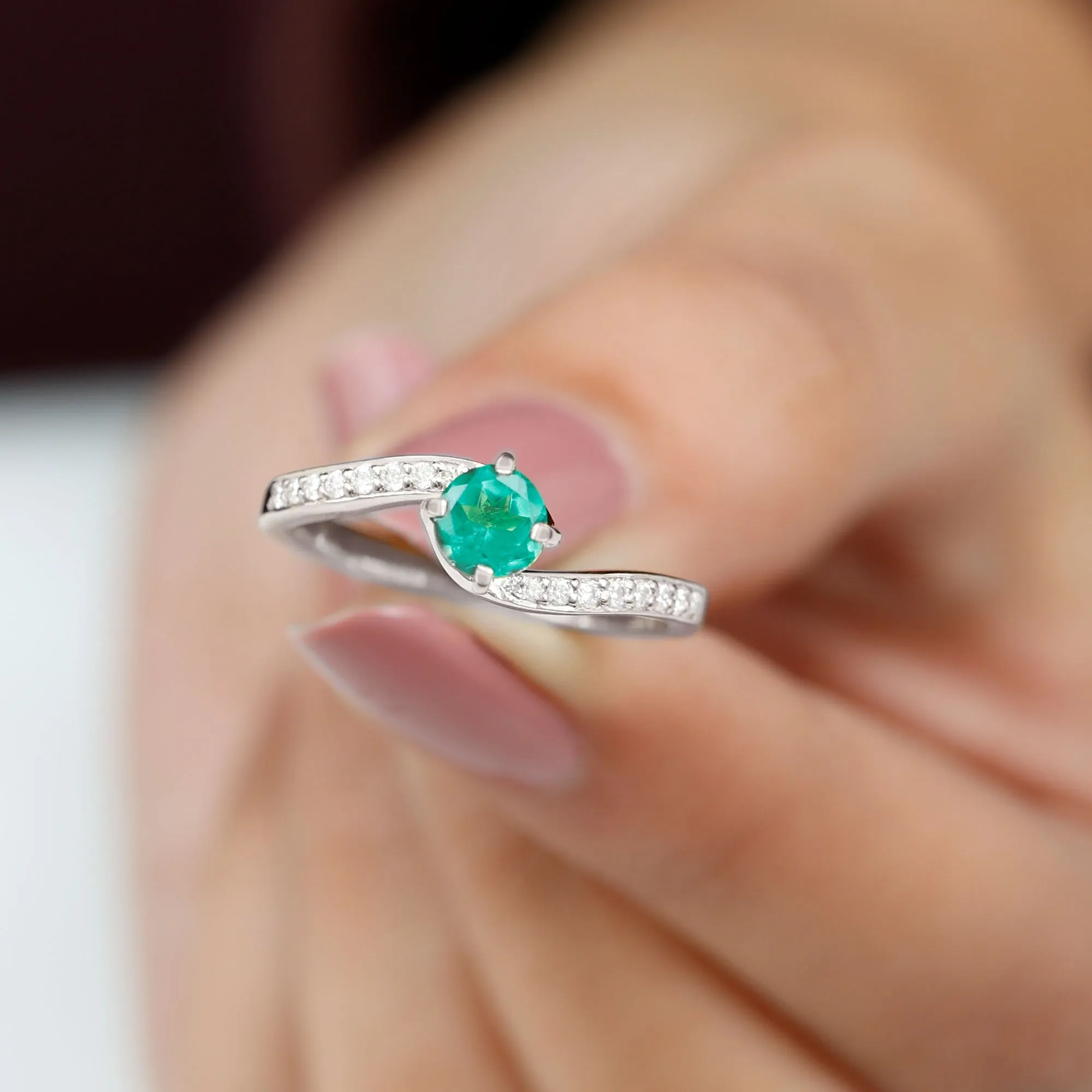 Lab Grown Emerald Solitaire Bypass Ring with Diamond