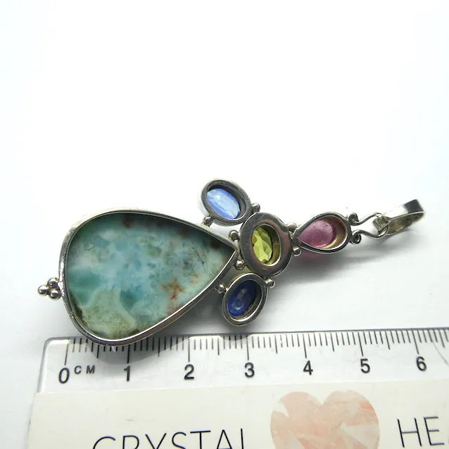Larimar Pendant with Faceted Kyanite, Peridot and Rubellite, 925 Sterling Silver