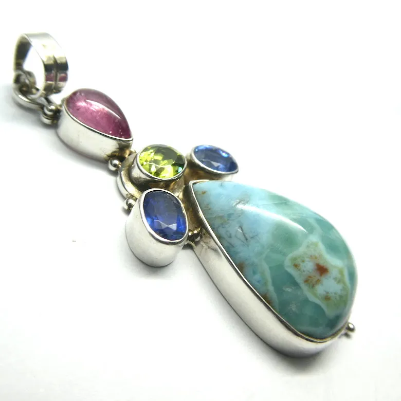 Larimar Pendant with Faceted Kyanite, Peridot and Rubellite, 925 Sterling Silver