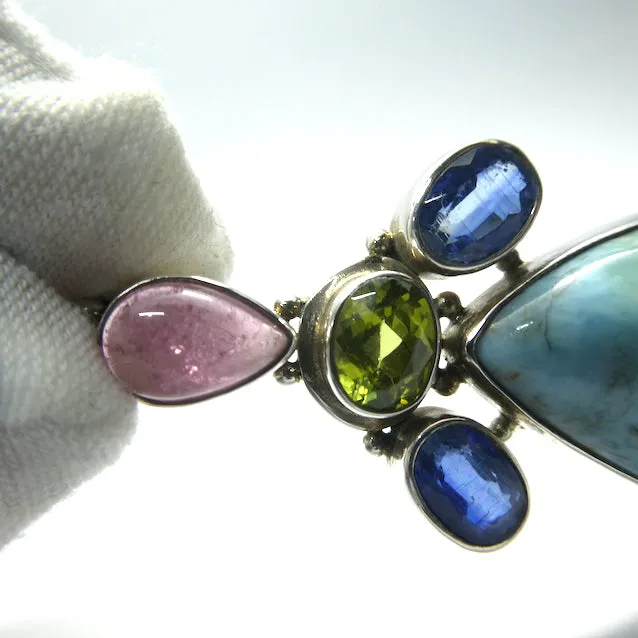 Larimar Pendant with Faceted Kyanite, Peridot and Rubellite, 925 Sterling Silver