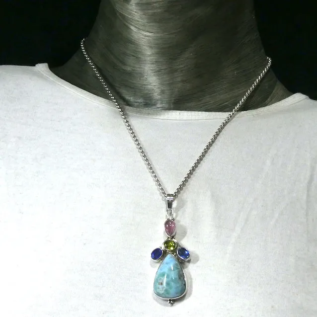 Larimar Pendant with Faceted Kyanite, Peridot and Rubellite, 925 Sterling Silver