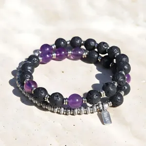 Lava Rock and Amethyst Men's Wrap Bracelet, Crown Chakra Bracelet