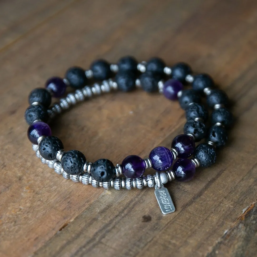 Lava Rock and Amethyst Men's Wrap Bracelet, Crown Chakra Bracelet