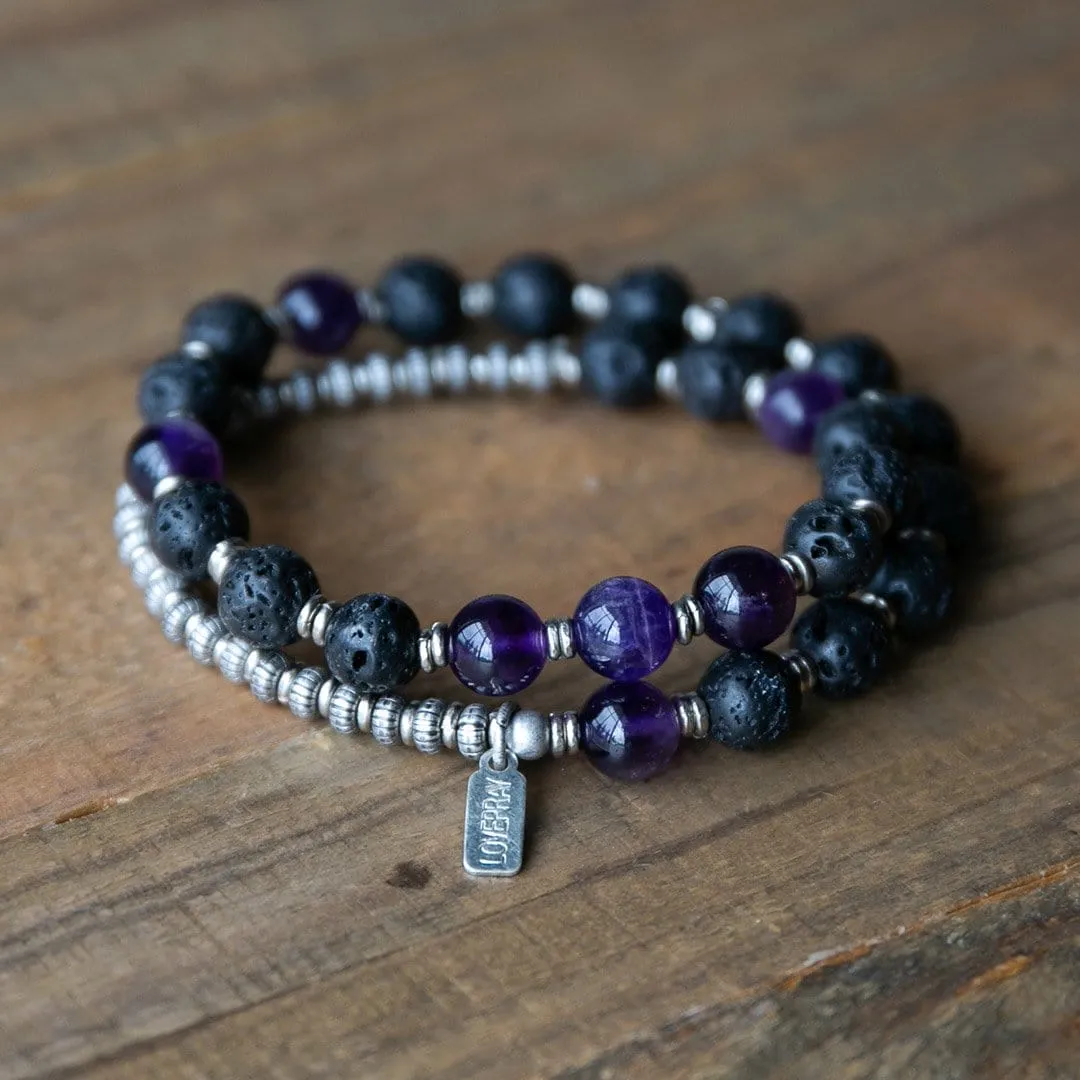 Lava Rock and Amethyst Men's Wrap Bracelet, Crown Chakra Bracelet
