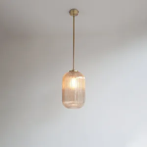 Long Amber Reeded Glass Stemmed Pendant Light