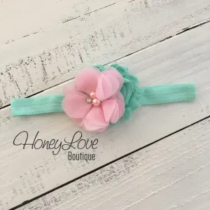 Mint/Aqua and Light Pink flower headband