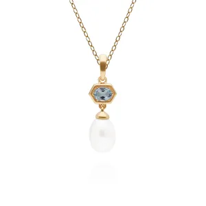 Moderne Perle & Blau Topas Hexagon Anhänger in Vergoldetem Sterling Silber