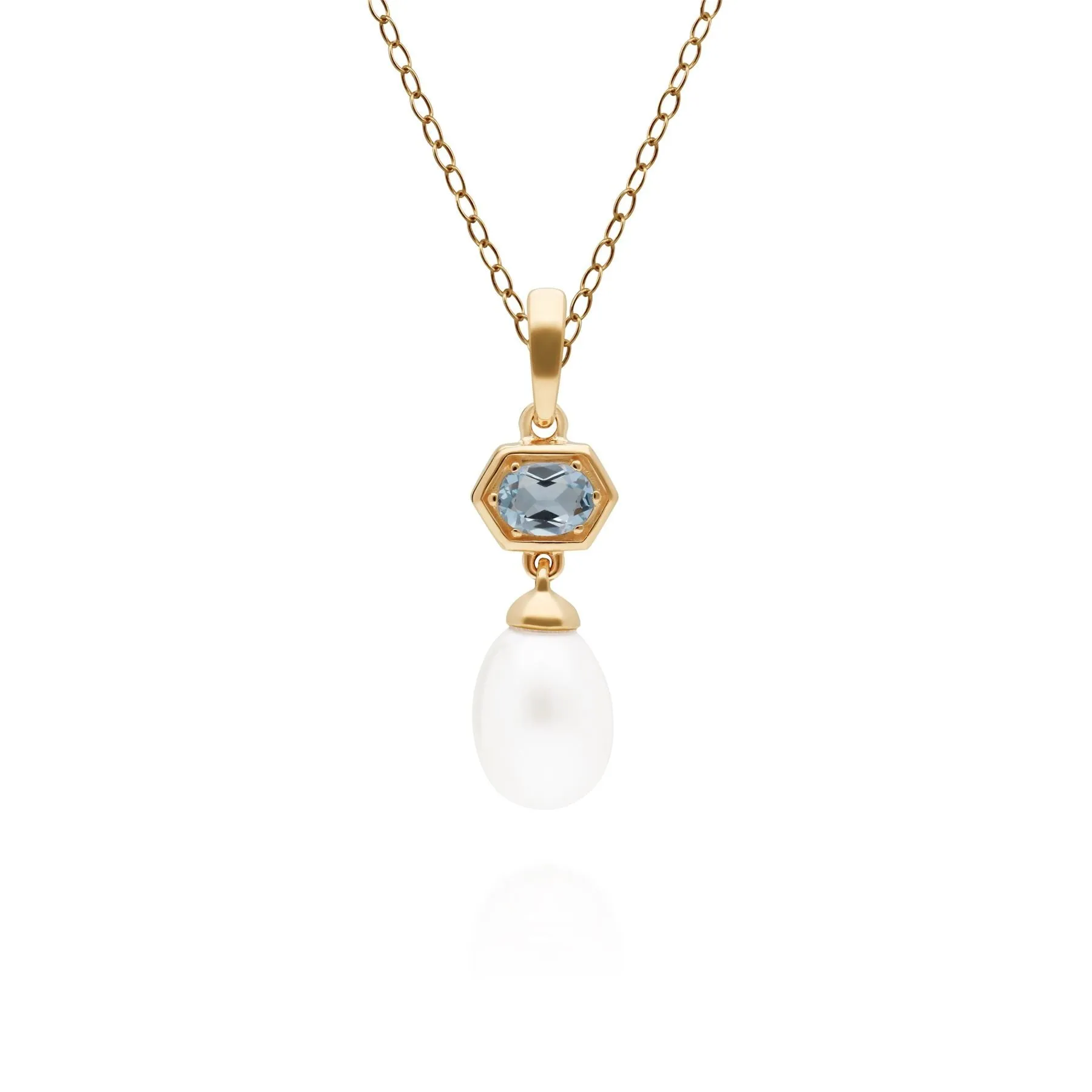 Moderne Perle & Blau Topas Hexagon Anhänger in Vergoldetem Sterling Silber