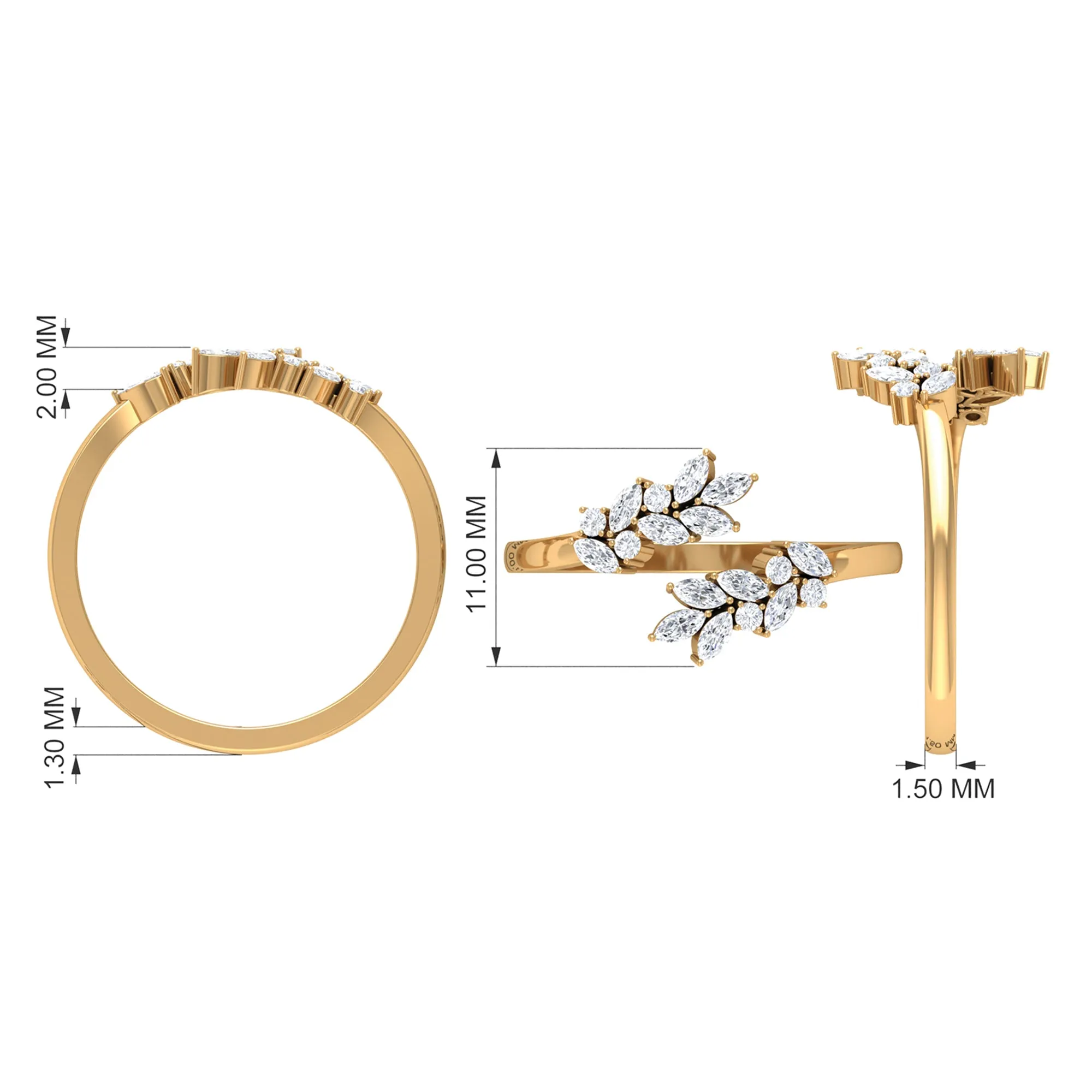 Natural Diamond Leaf Ring in Cuff Style