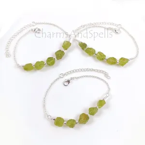 Natural Raw Peridot Bracelet, Silver Plated Peridot Bracelet, Green Raw Gemstone Adjustable Bracelet, Crystal Stone Bracelet,Friendship Gift