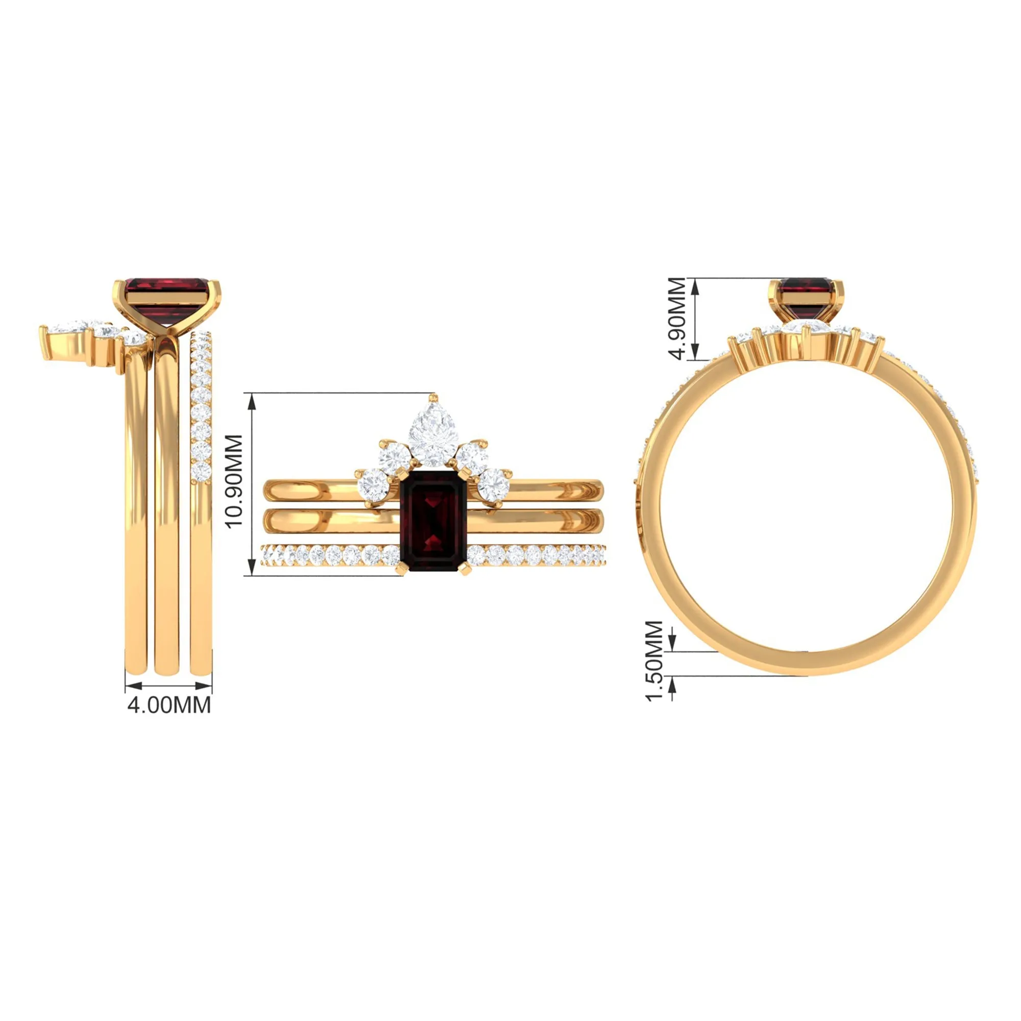 Octagon Garnet Solitaire Ring Set of 3 with Diamond