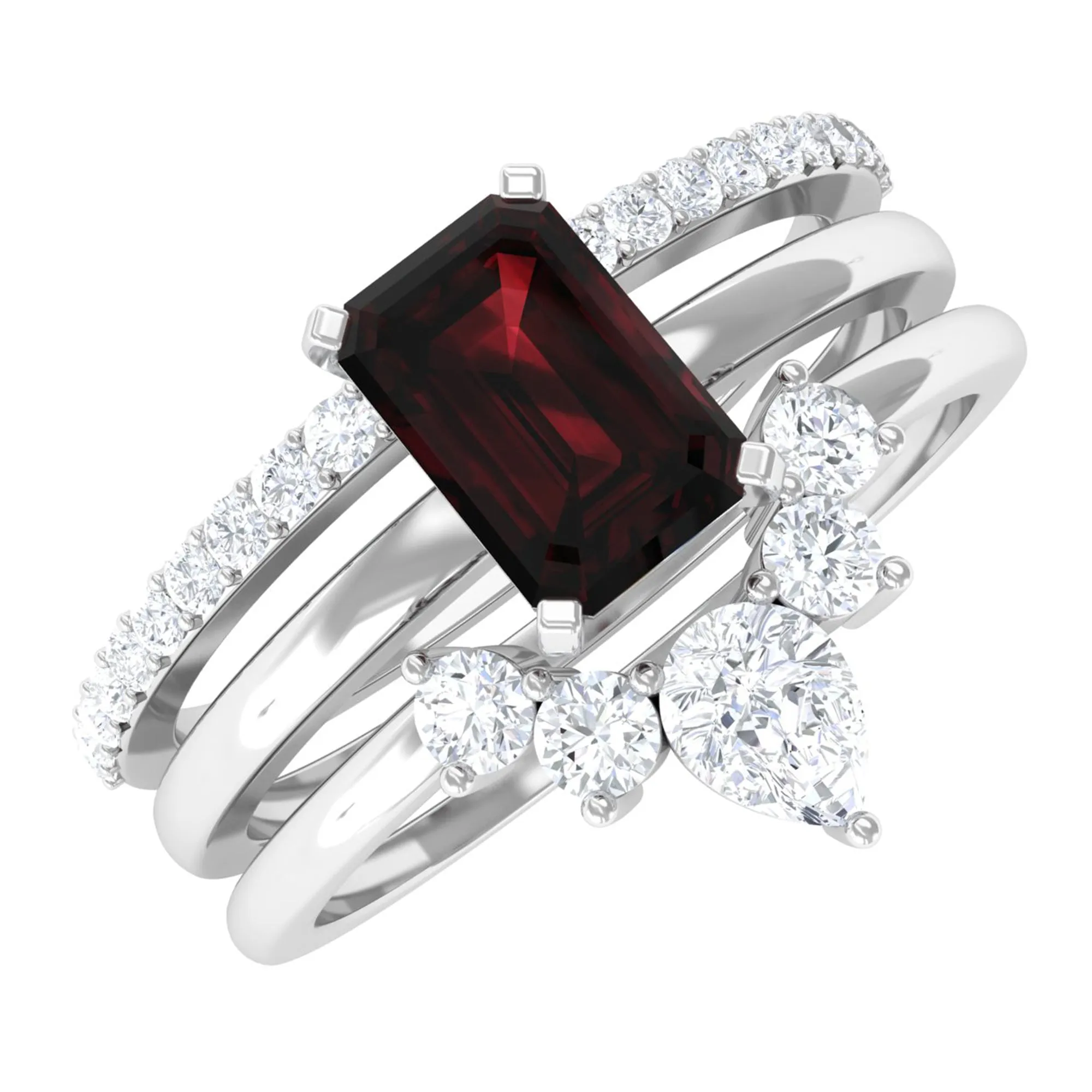 Octagon Garnet Solitaire Ring Set of 3 with Diamond