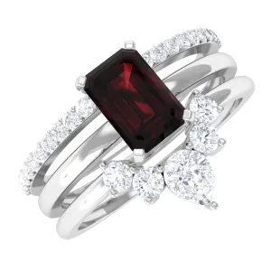 Octagon Garnet Solitaire Ring Set of 3 with Diamond