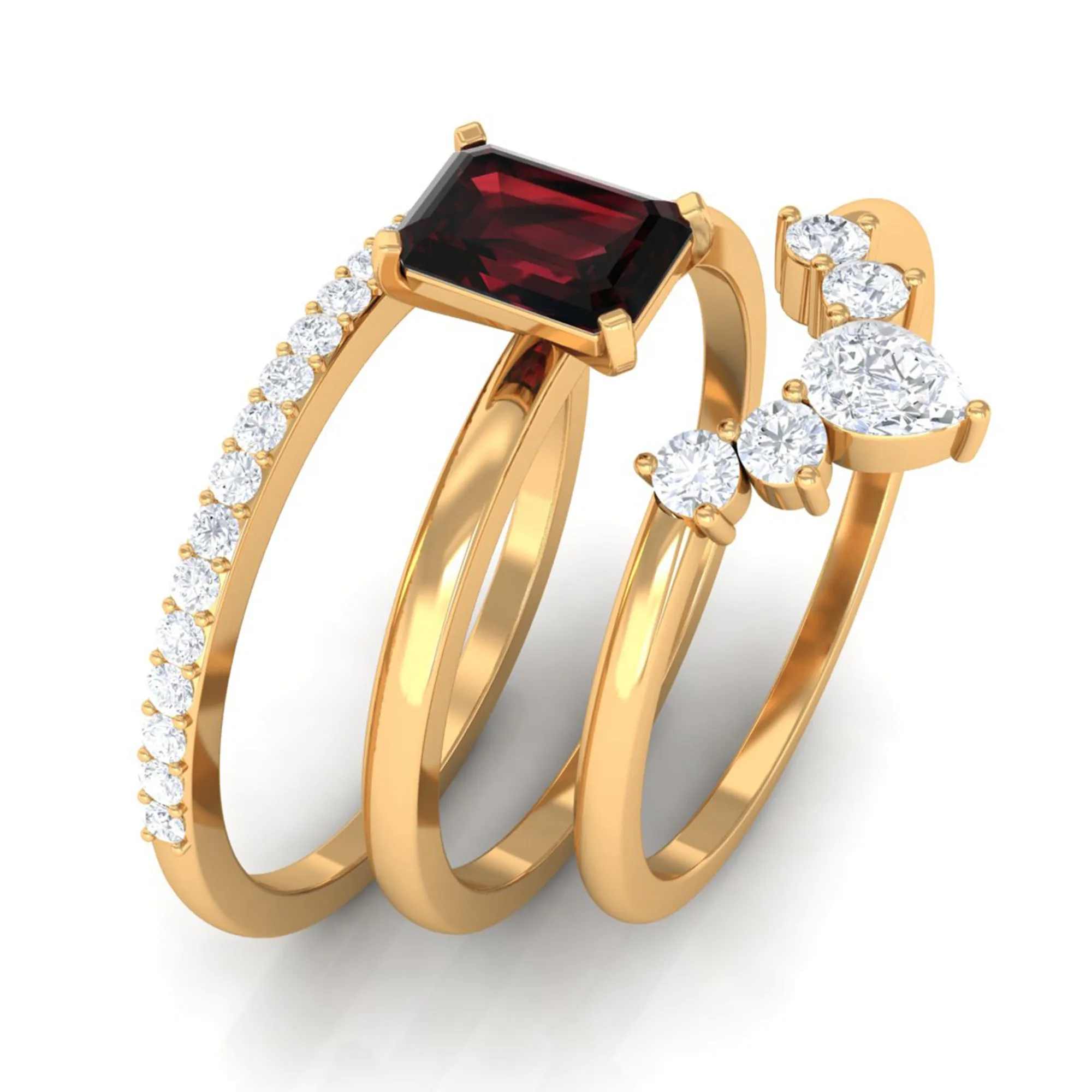 Octagon Garnet Solitaire Ring Set of 3 with Diamond