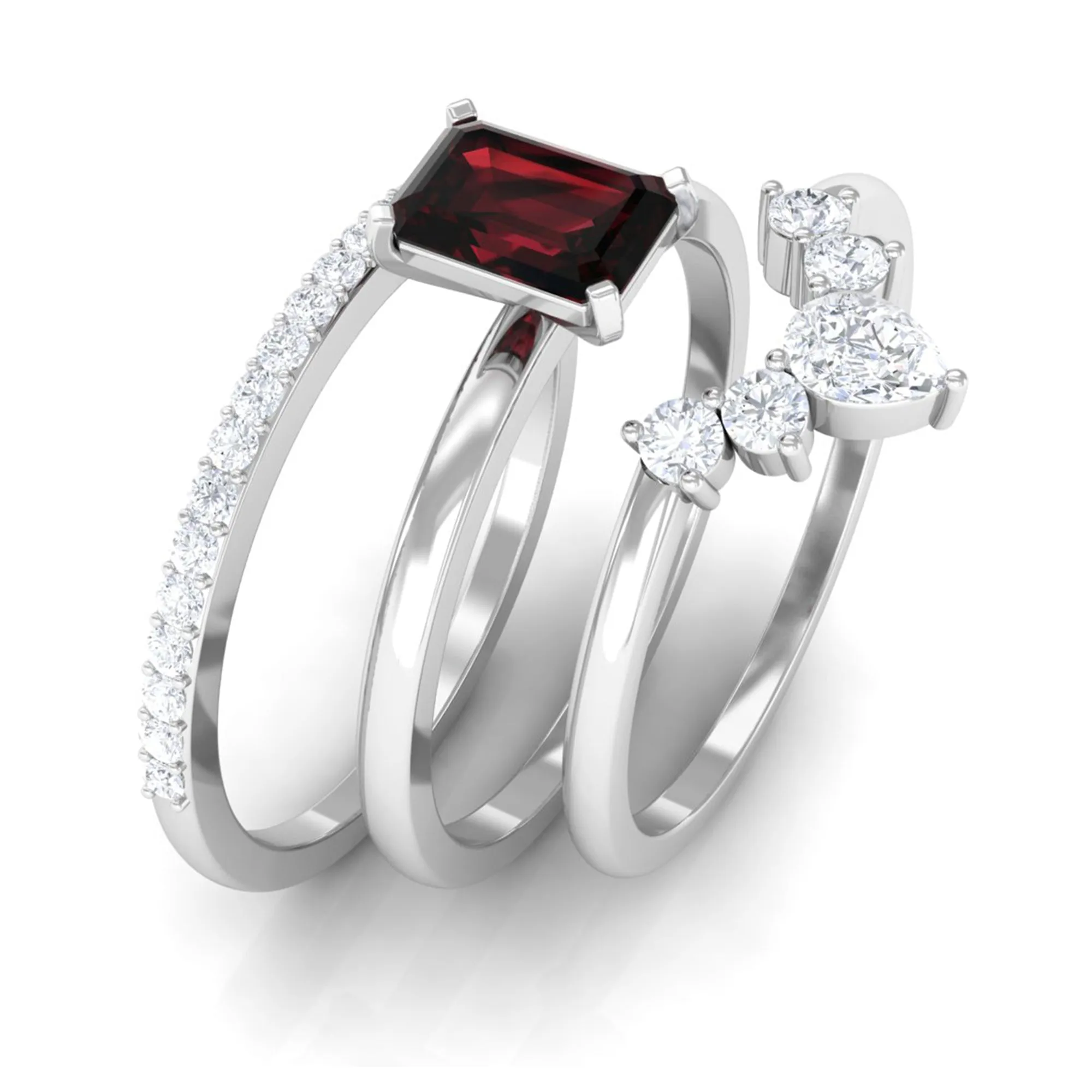Octagon Garnet Solitaire Ring Set of 3 with Diamond