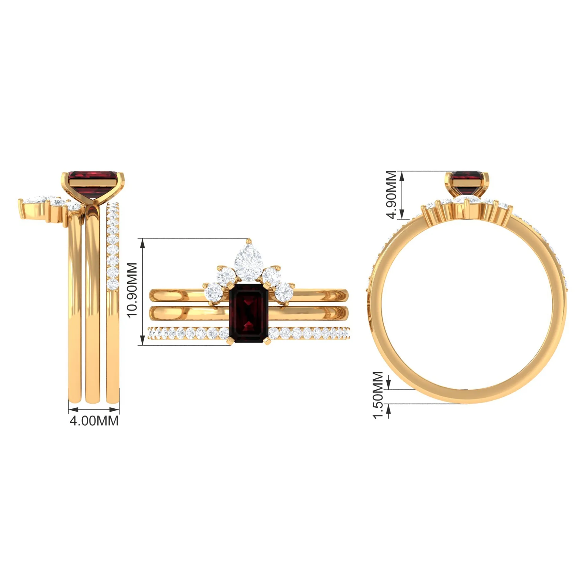 Octagon Garnet Solitaire Ring Set of 3 with Diamond