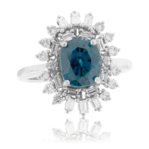 Oval Shaped Blue Zircon with Baguette Burst Diamond Halo