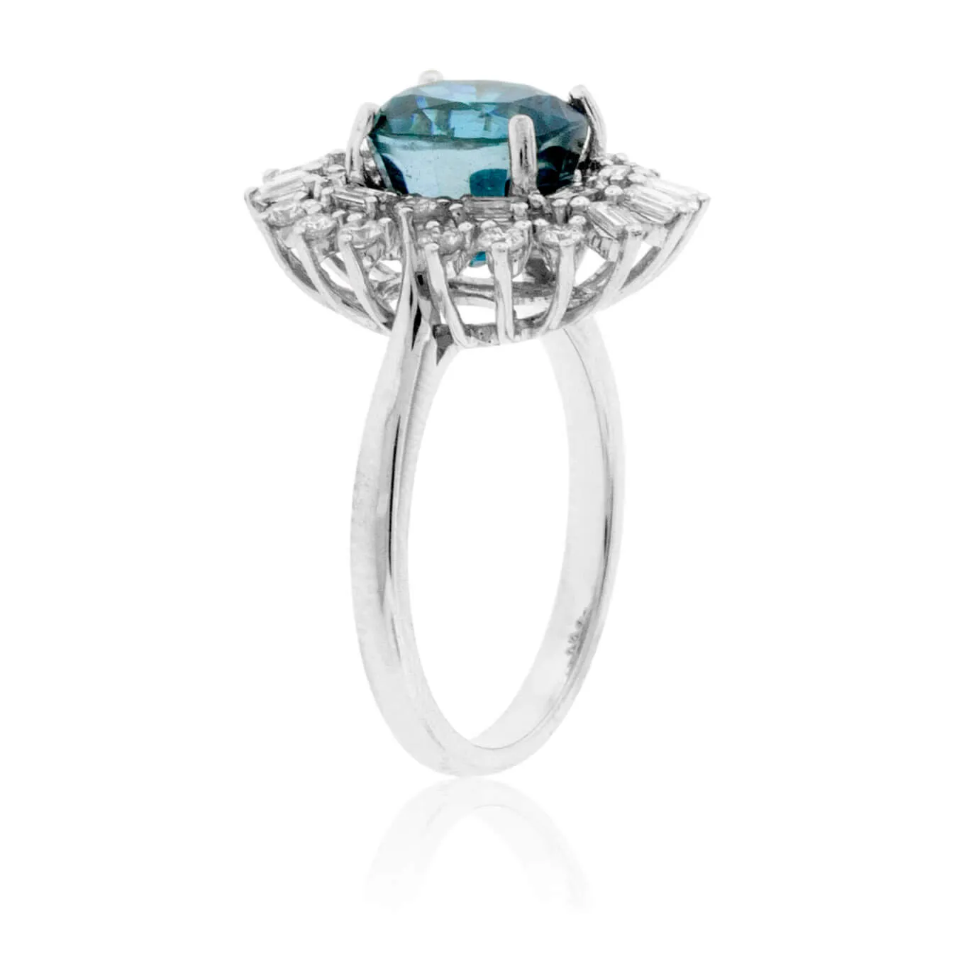 Oval Shaped Blue Zircon with Baguette Burst Diamond Halo