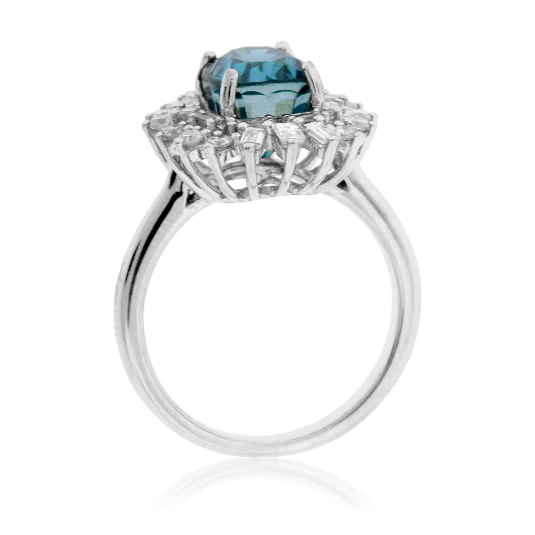 Oval Shaped Blue Zircon with Baguette Burst Diamond Halo