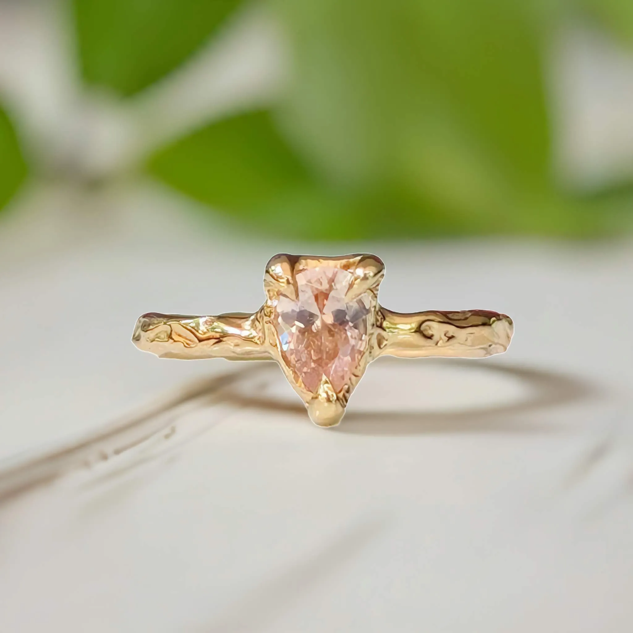 Peach Morganite textured ring in Solid 14k Gold