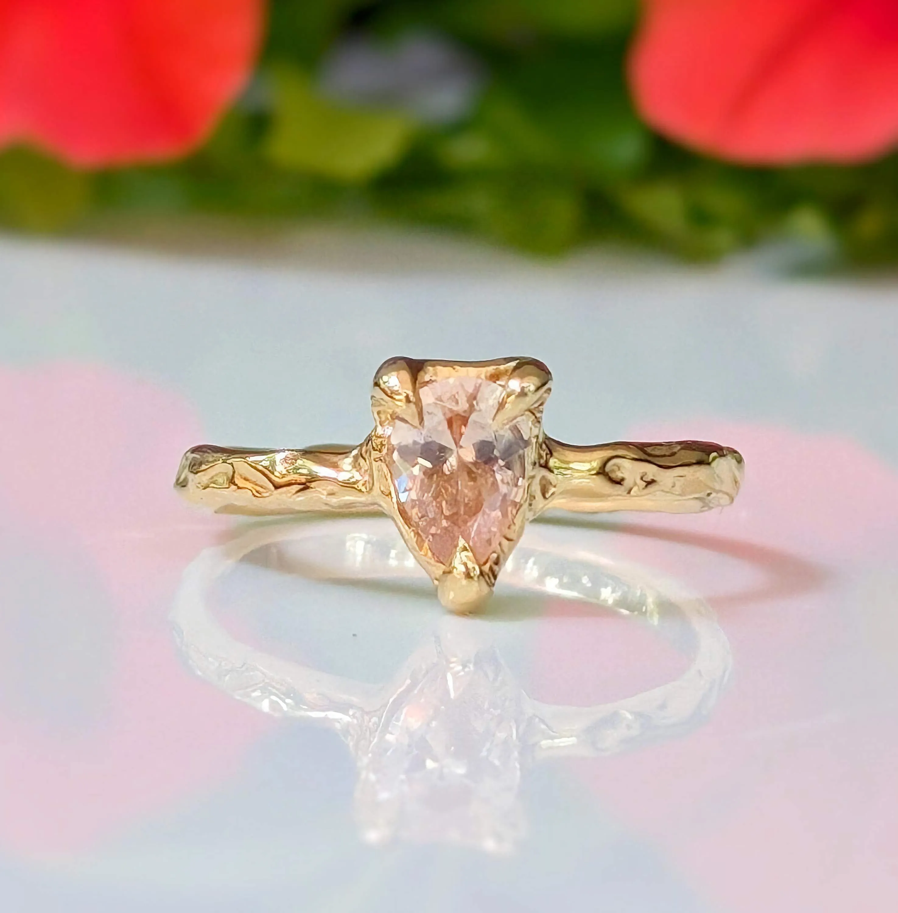 Peach Morganite textured ring in Solid 14k Gold