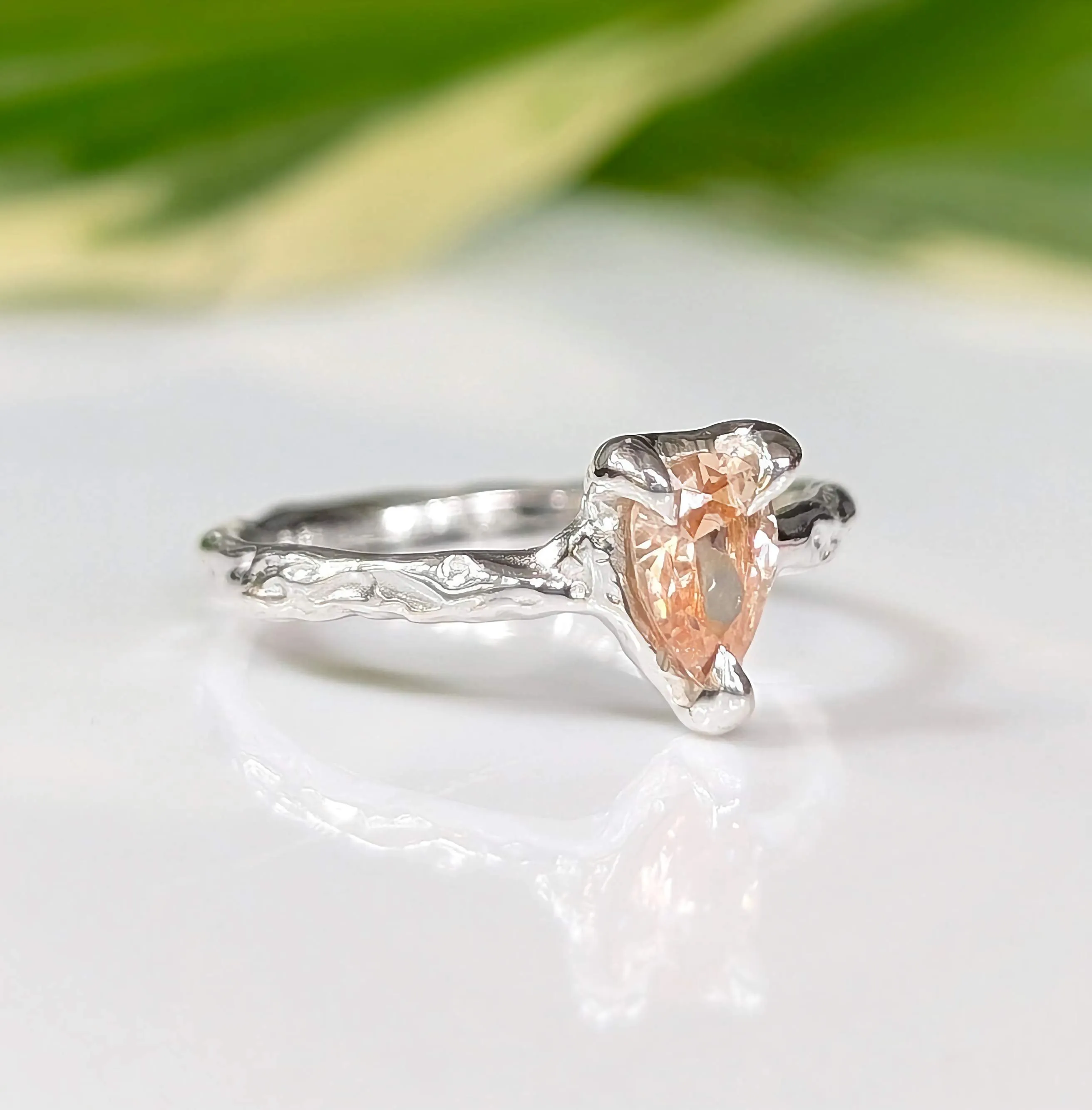 Peach Morganite textured ring in Solid 14k Gold
