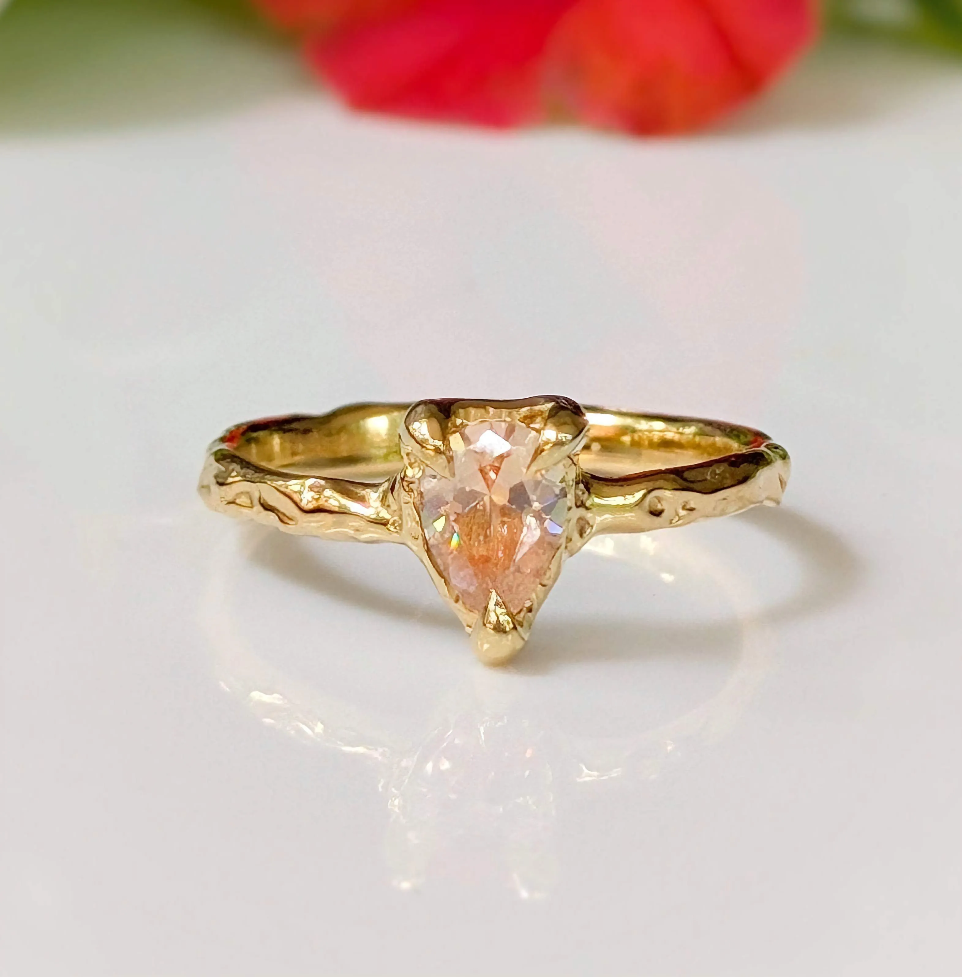 Peach Morganite textured ring in Solid 14k Gold