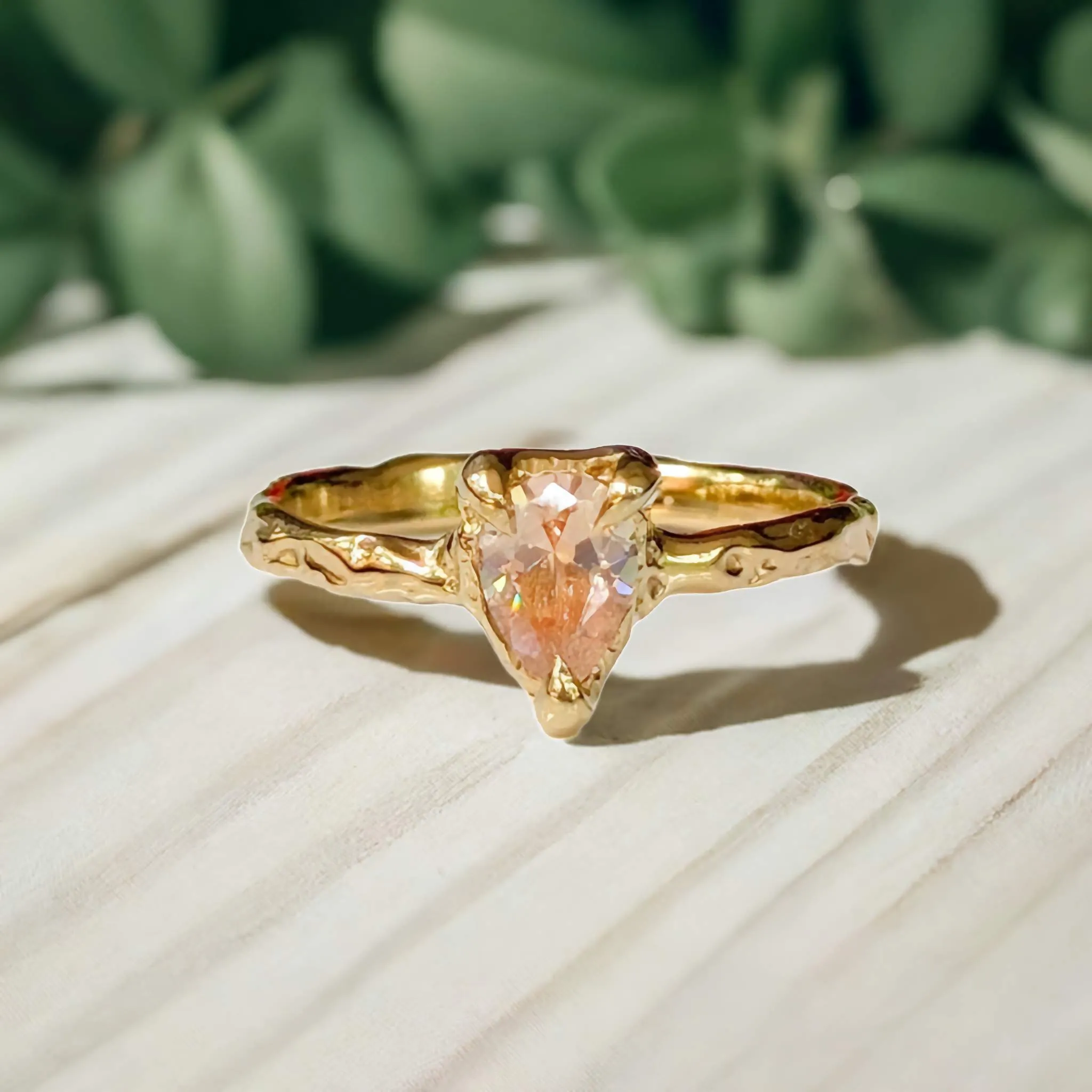 Peach Morganite textured ring in Solid 14k Gold