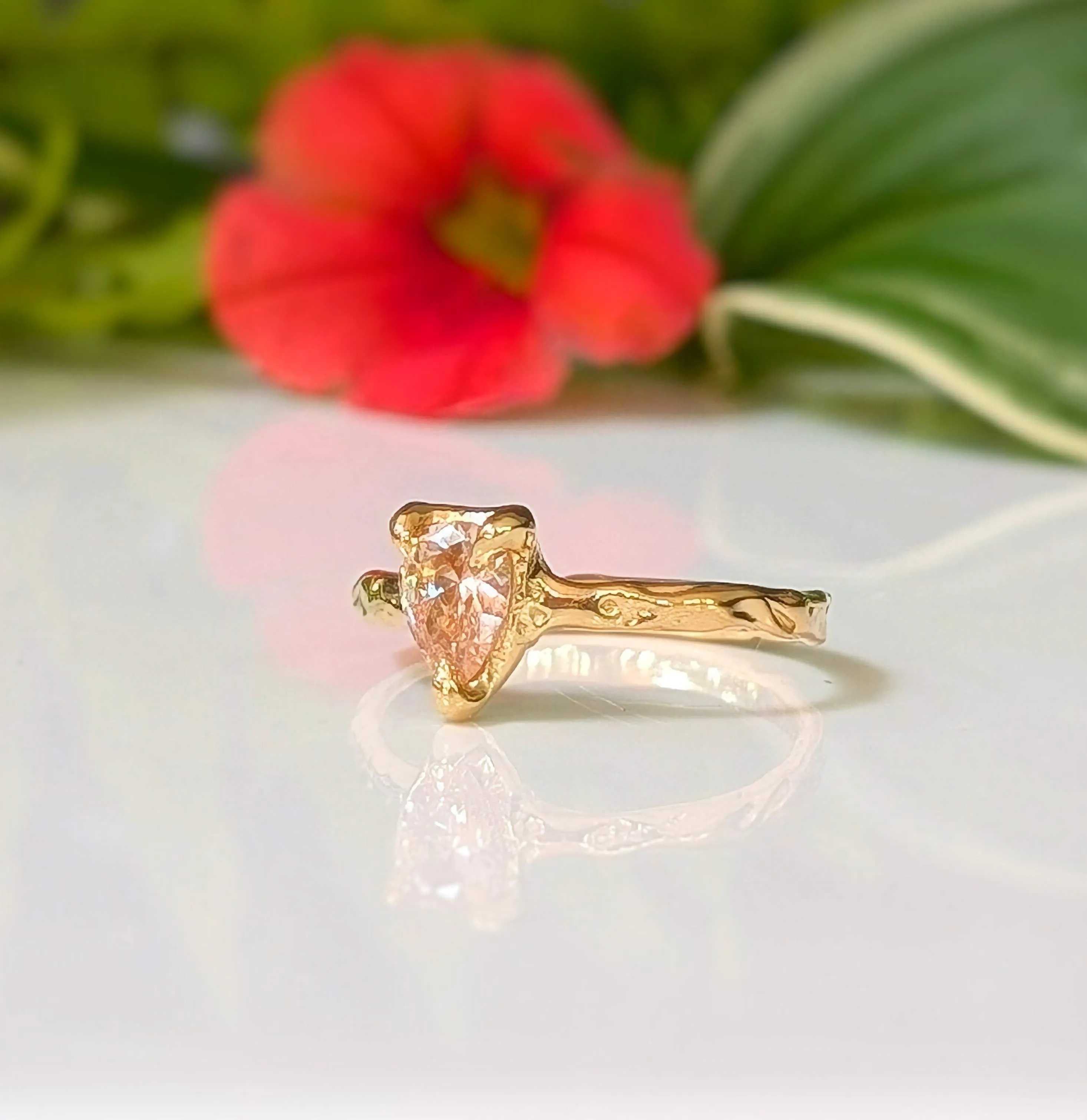 Peach Morganite textured ring in Solid 14k Gold