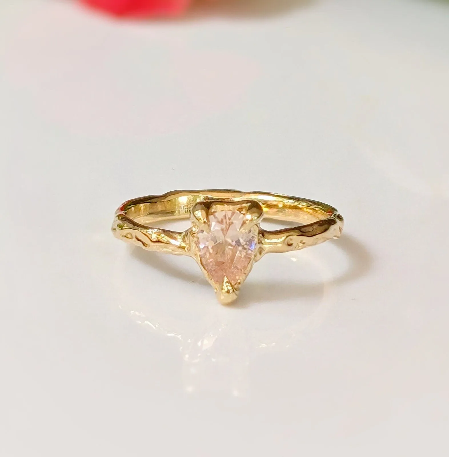 Peach Morganite textured ring in Solid 14k Gold