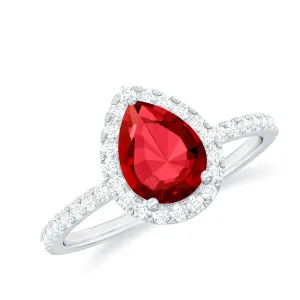 Pear Cut Lab Created Ruby Engagement Ring with Diamond Accent