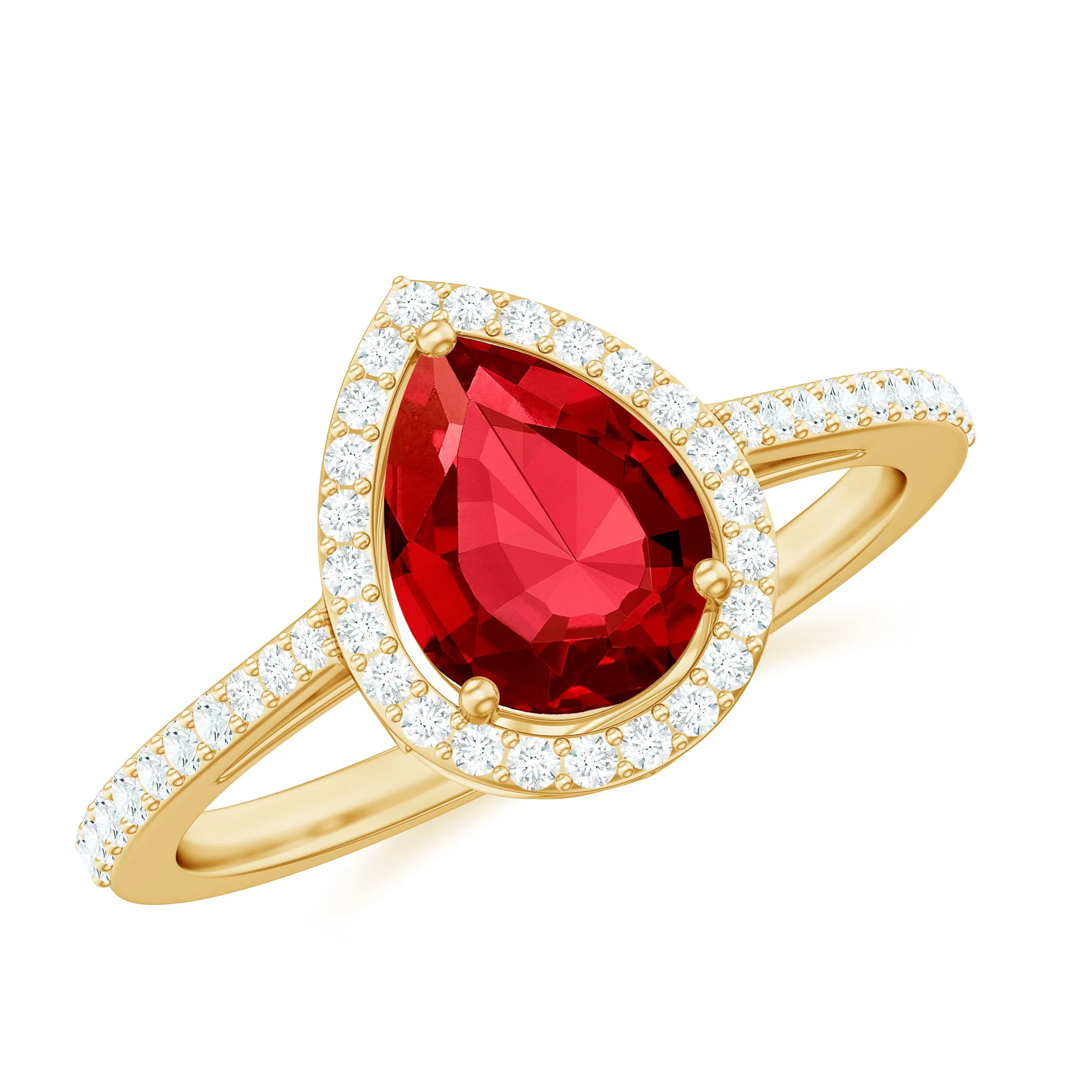 Pear Shape Lab Grown Ruby Teardrop Engagement Ring with Diamond Halo