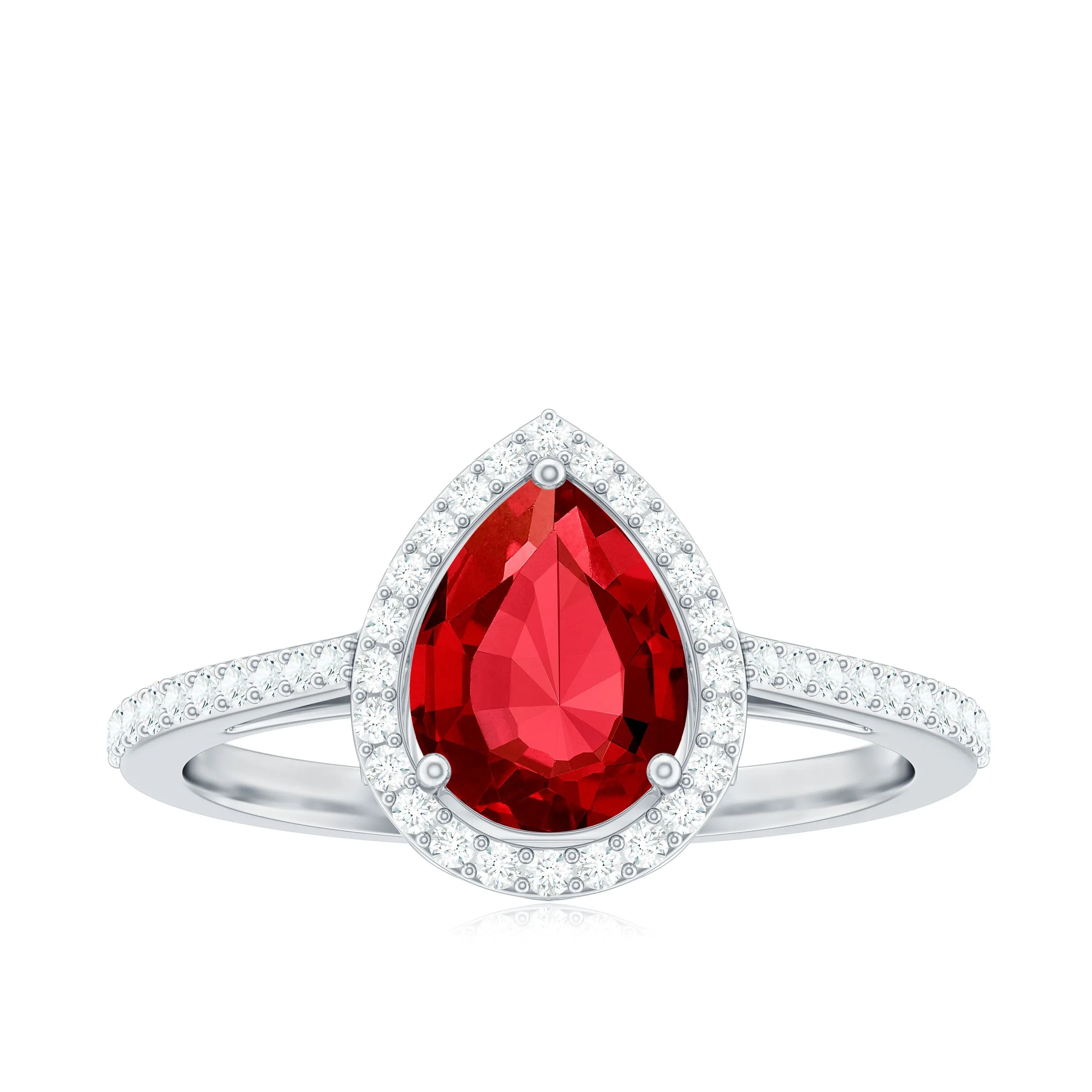Pear Shape Lab Grown Ruby Teardrop Engagement Ring with Diamond Halo
