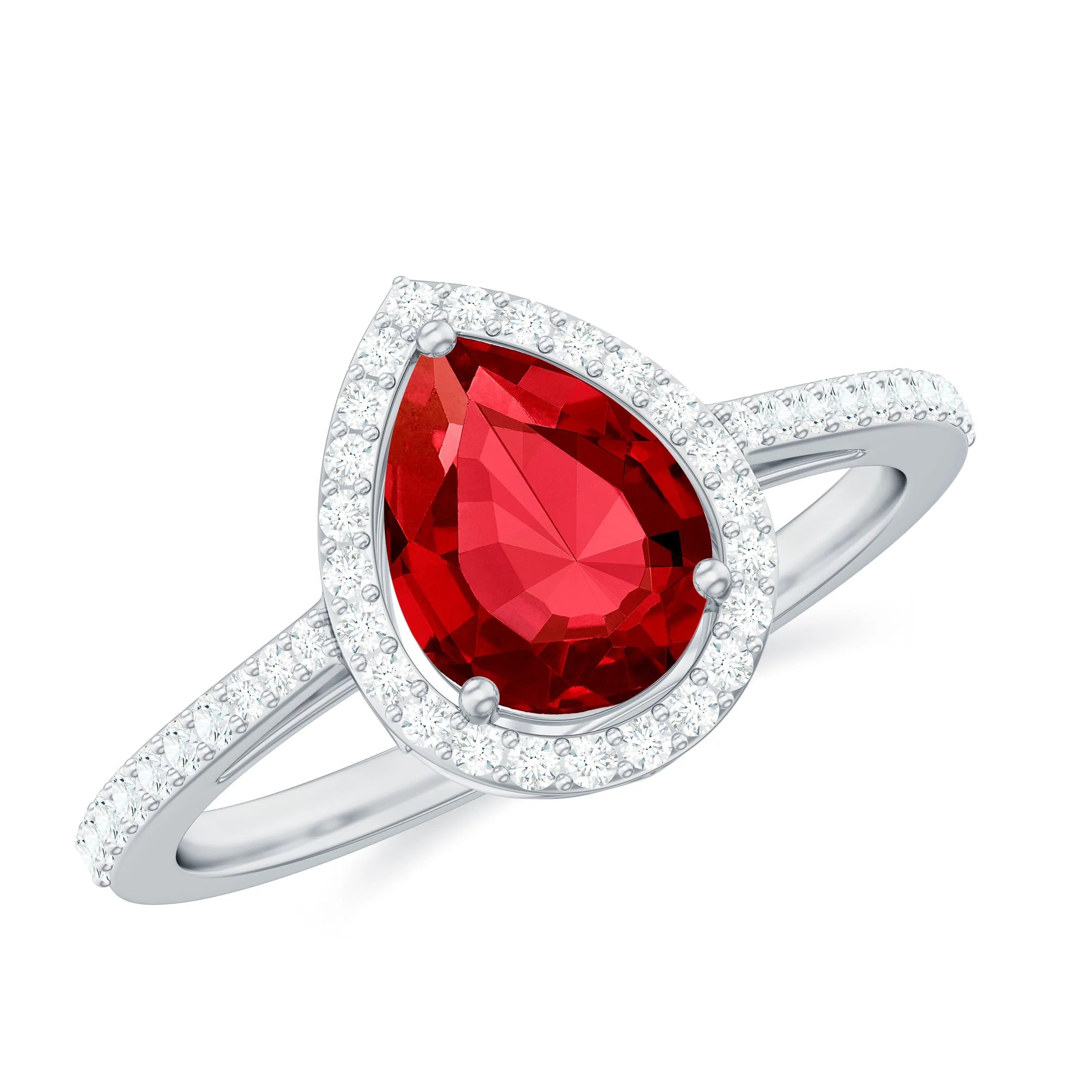 Pear Shape Lab Grown Ruby Teardrop Engagement Ring with Diamond Halo