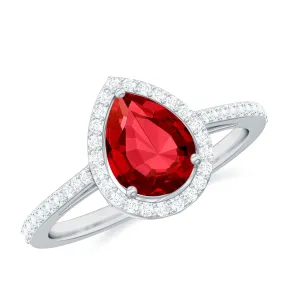 Pear Shape Lab Grown Ruby Teardrop Engagement Ring with Diamond Halo