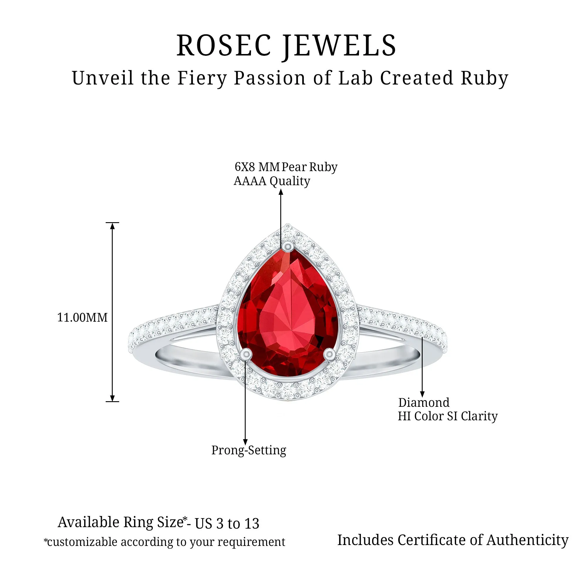 Pear Shape Lab Grown Ruby Teardrop Engagement Ring with Diamond Halo