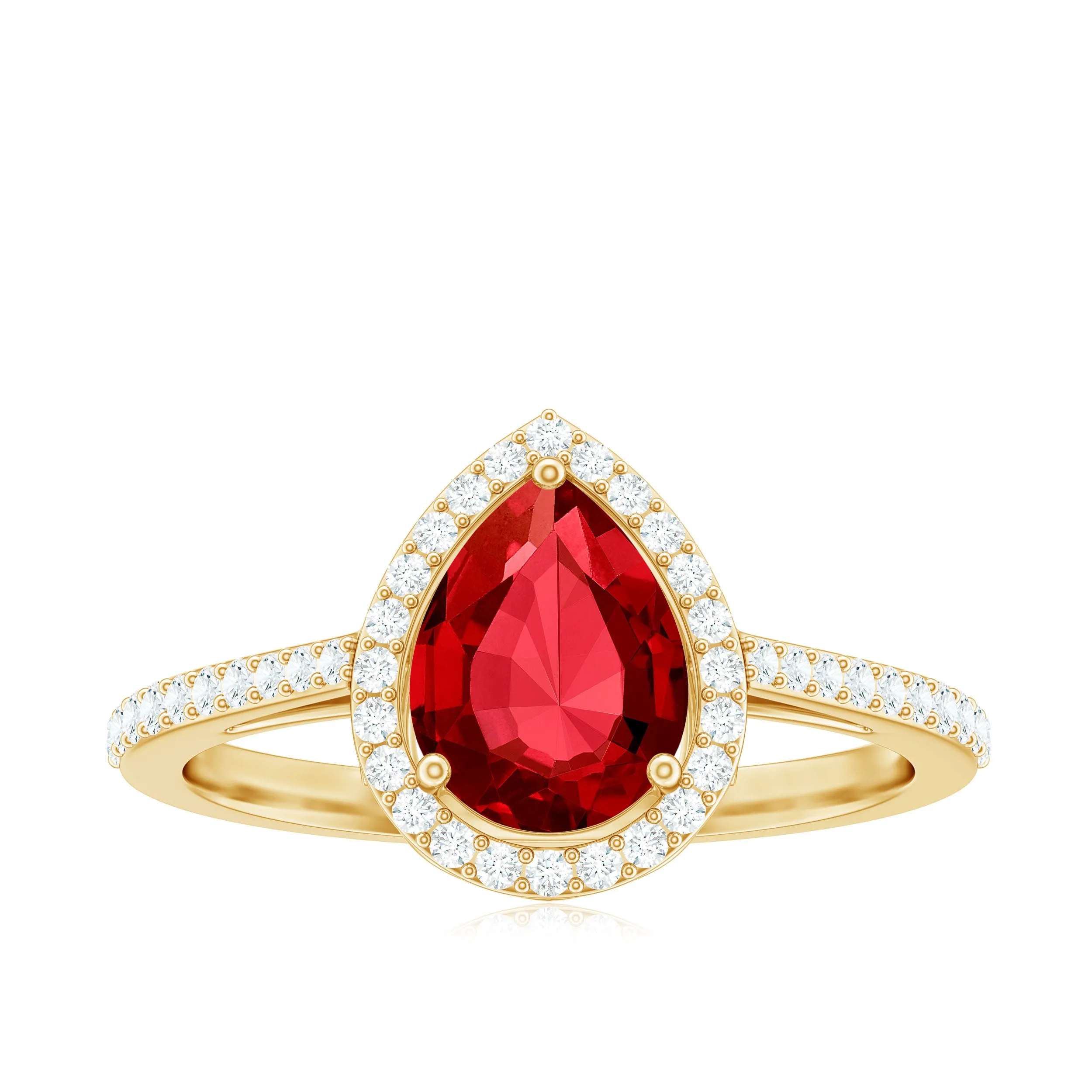 Pear Shape Lab Grown Ruby Teardrop Engagement Ring with Diamond Halo