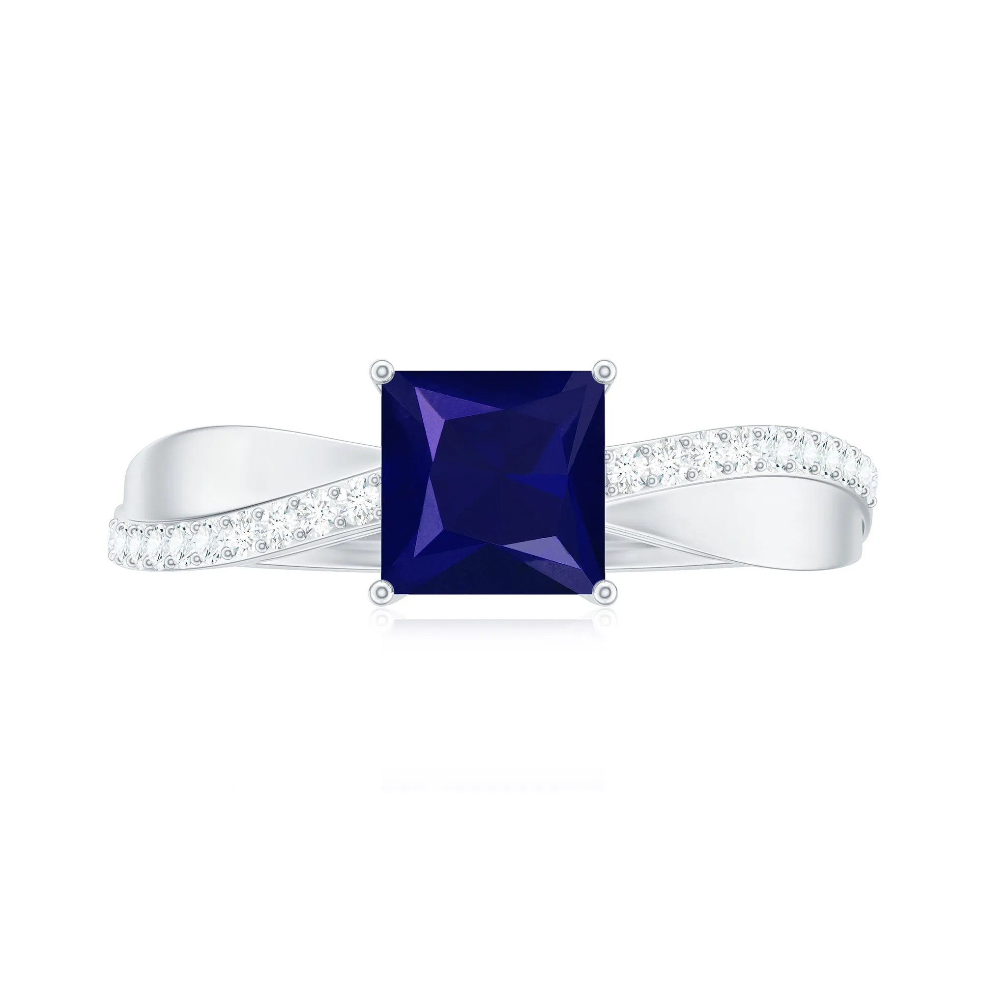 Princess Cut Lab-Created Blue Sapphire Engagement Ring with Diamond