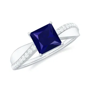 Princess Cut Lab-Created Blue Sapphire Engagement Ring with Diamond