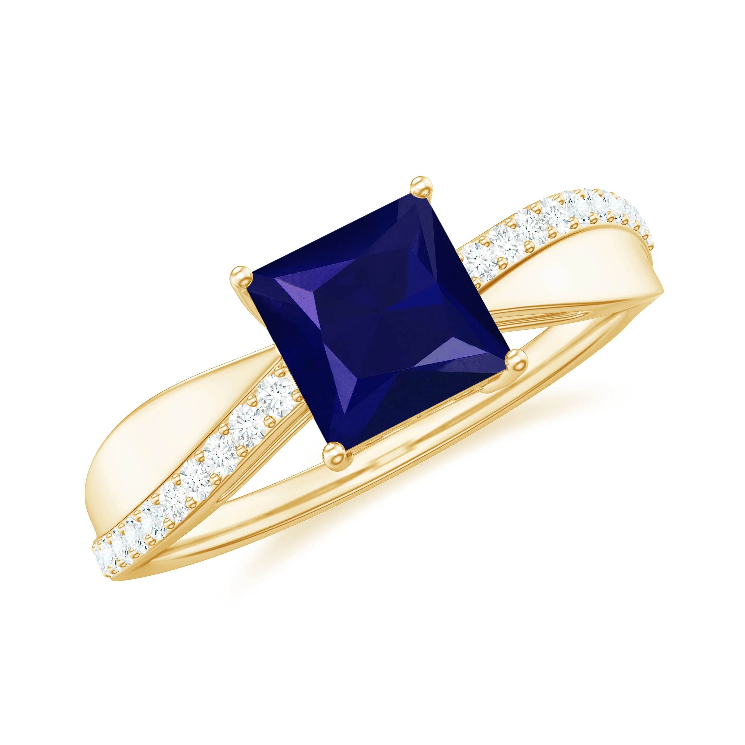 Princess Cut Lab-Created Blue Sapphire Engagement Ring with Diamond