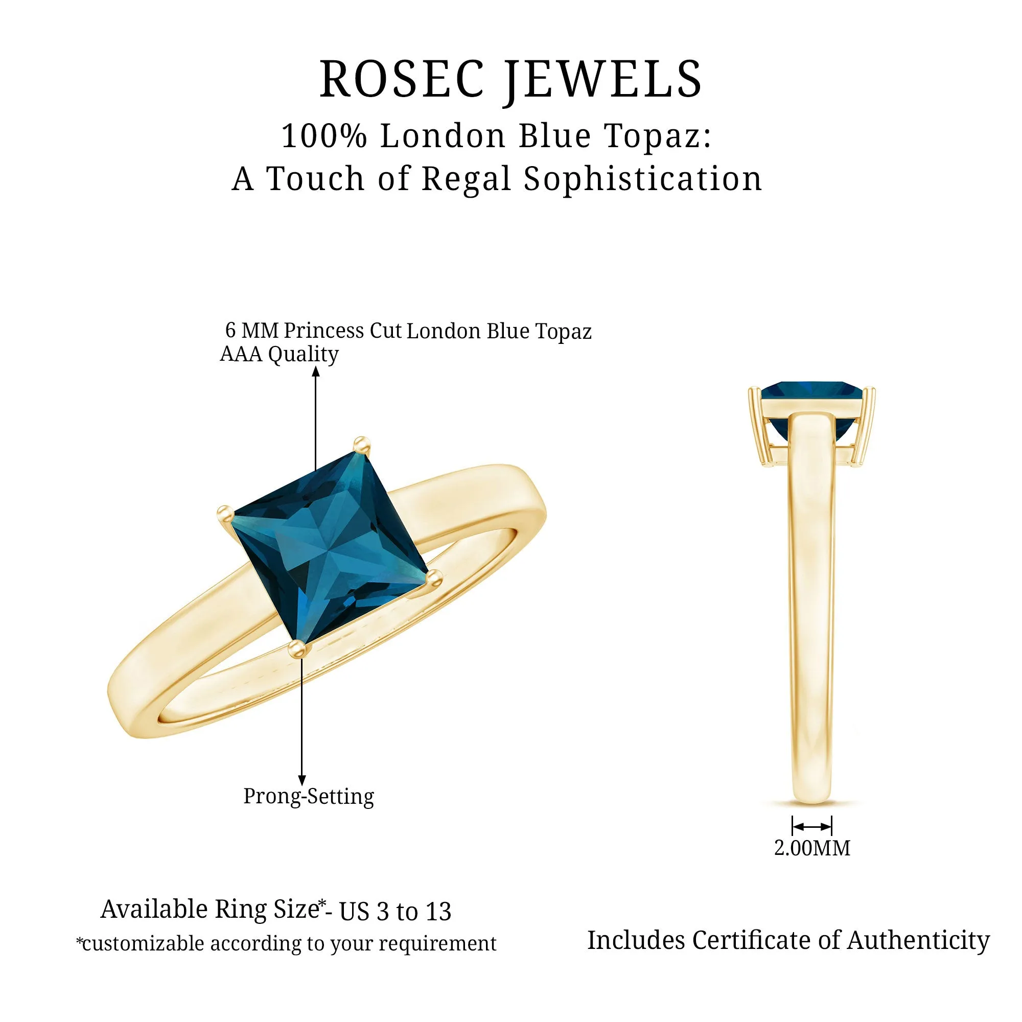 Princess Cut London Blue Topaz Solitaire Engagement Ring
