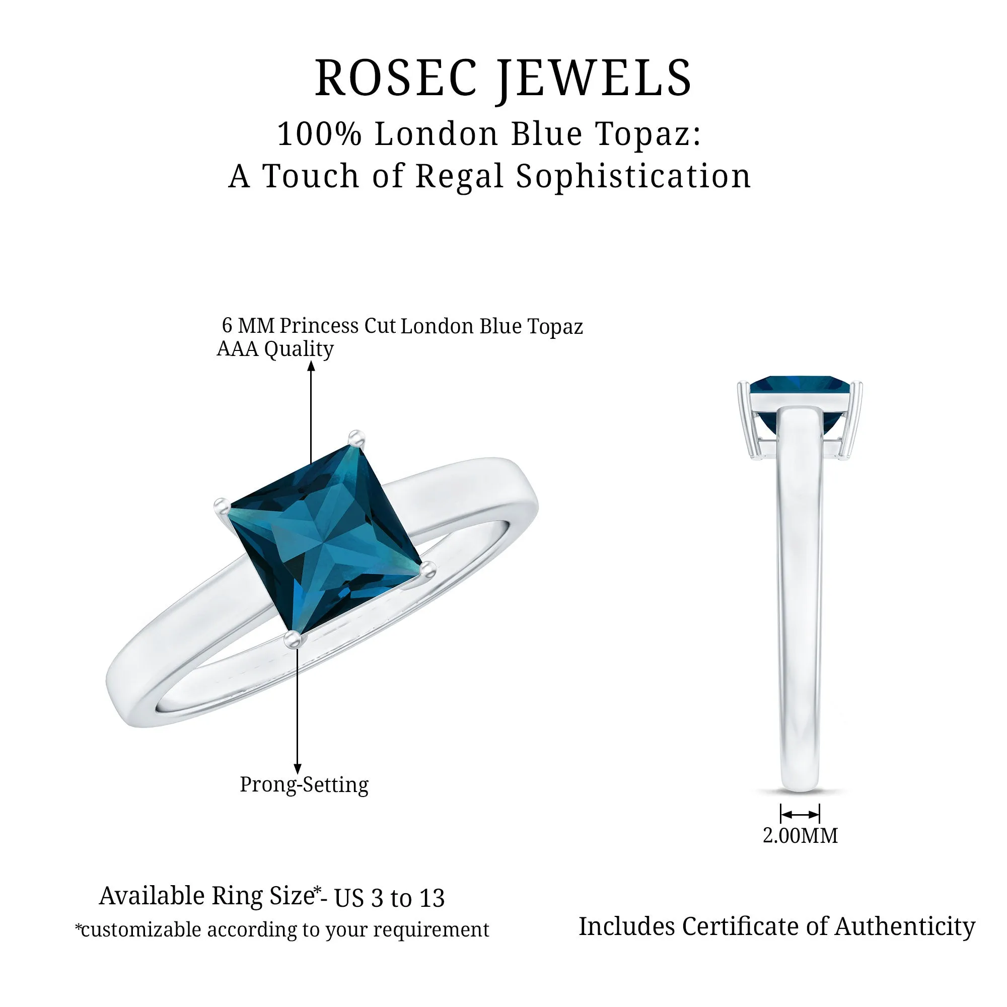 Princess Cut London Blue Topaz Solitaire Engagement Ring