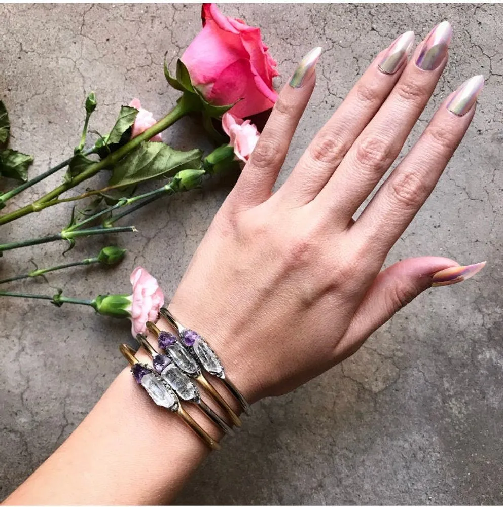 Pyrite, Amethyst, and Quartz Bangle, Gemstone Bracelet