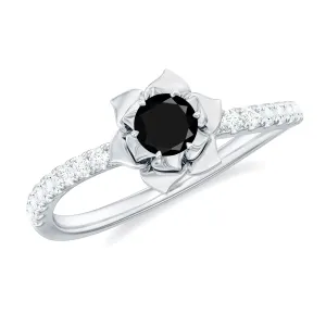 Real Black Diamond and Diamond Flower Engagement Ring